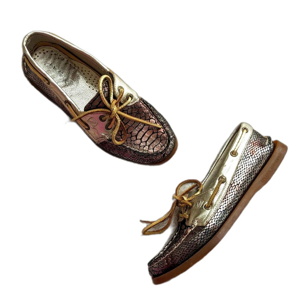 Sperry Top Sider Metallic Snakeprint Bronze & Gold Leather Boat Shoes, Size 6